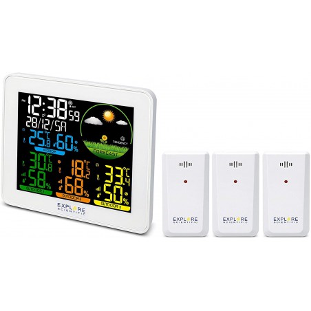 barometro,orologio radiocontrollato 
doppio allarme con snooze 
display a colori ,inclusi 3 sensori in confezione white