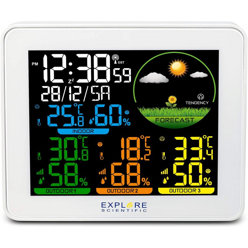 barometro,orologio radiocontrollato 
doppio allarme con snooze 
display a colori ,inclusi 3 sensori in confezione white