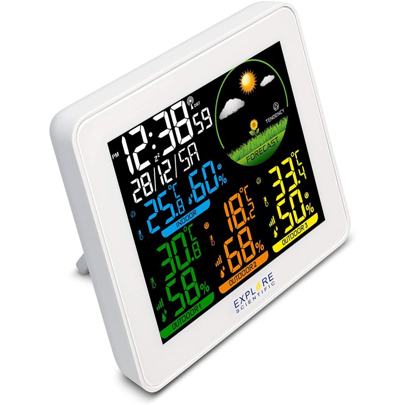 barometro,orologio radiocontrollato 
doppio allarme con snooze 
display a colori ,inclusi 3 sensori in confezione white