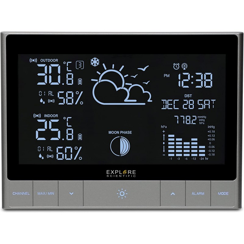 explore scientific previsioni del tempo radiocontrollato con grafico a barre,temperatura e umidità interna / esterna