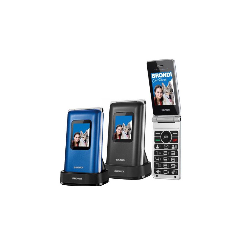 telefono gsm brondi amico prezioso nero clamshell dual sim  quadri band color display 2.8 flip attivo ebase di ricarica