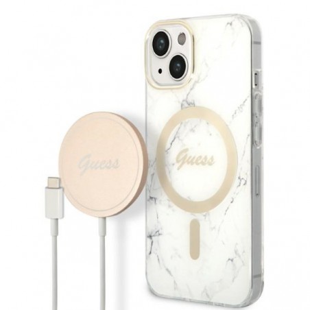 cover guess iphone 14 plus con caricabatterie magsafe effetto marmo white