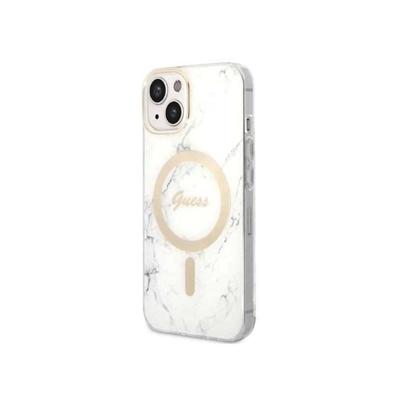 cover guess iphone 14 plus con caricabatterie magsafe effetto marmo white