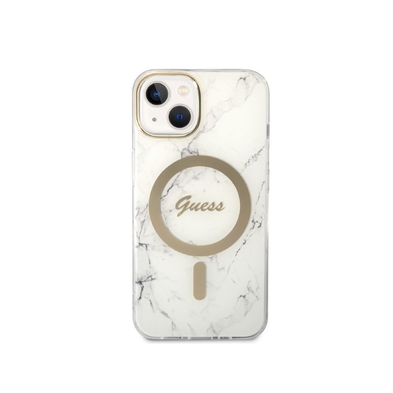 cover guess iphone 14 plus con caricabatterie magsafe effetto marmo white