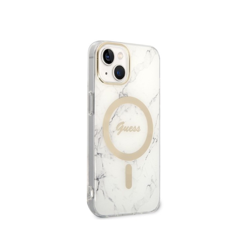 cover guess iphone 14 plus con caricabatterie magsafe effetto marmo white
