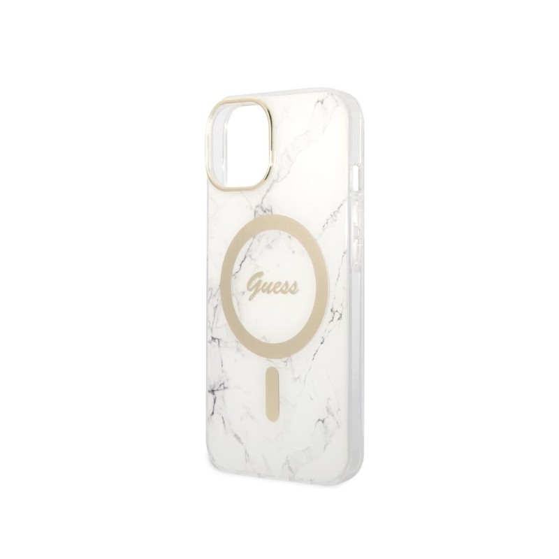 cover guess iphone 14 plus con caricabatterie magsafe effetto marmo white