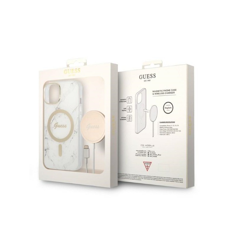 cover guess iphone 14 plus con caricabatterie magsafe effetto marmo white