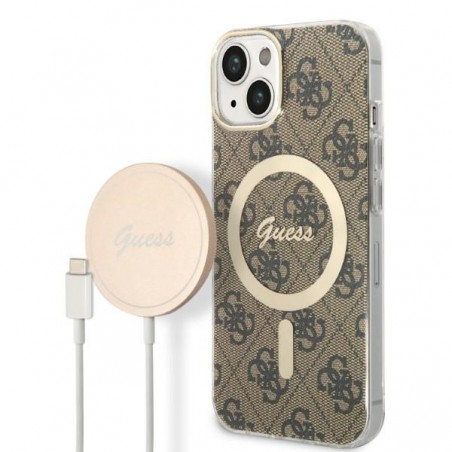 cover guess iphone 14 plus con caricabatterie magsafe brown