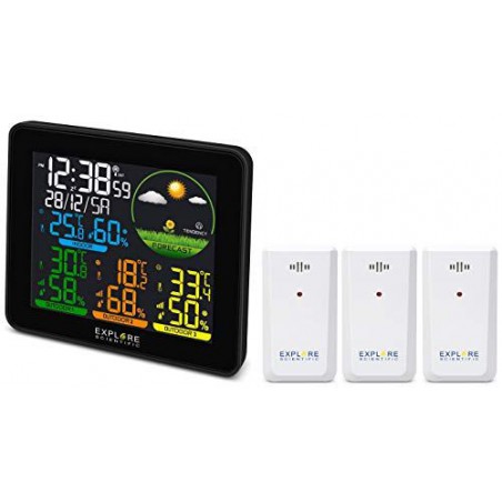 barometro,orologio radiocontrollato 
doppio allarme con snooze 
display a colori ,inclusi 3 sensori in confezione black