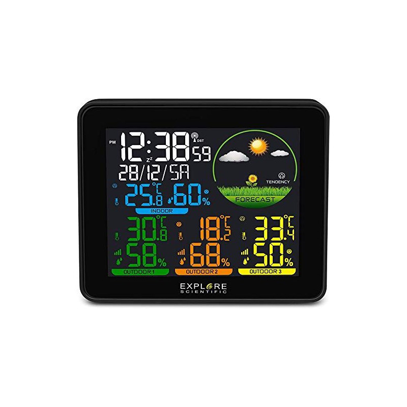 barometro,orologio radiocontrollato 
doppio allarme con snooze 
display a colori ,inclusi 3 sensori in confezione black