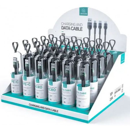 espositore usams completo di 15 cavi antistrappo usbc + 15 cavi lighting da 100cm nero in box cilindrico