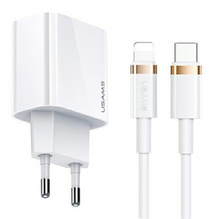 caricabatterie usams 20W usb-c completo di cavo lighting bianco