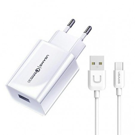 caricabatterie usams 18W usb completo di cavo usb-c bianco