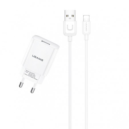 caricabatterie usams 2,1 A usb completo di cavo lightning bianco