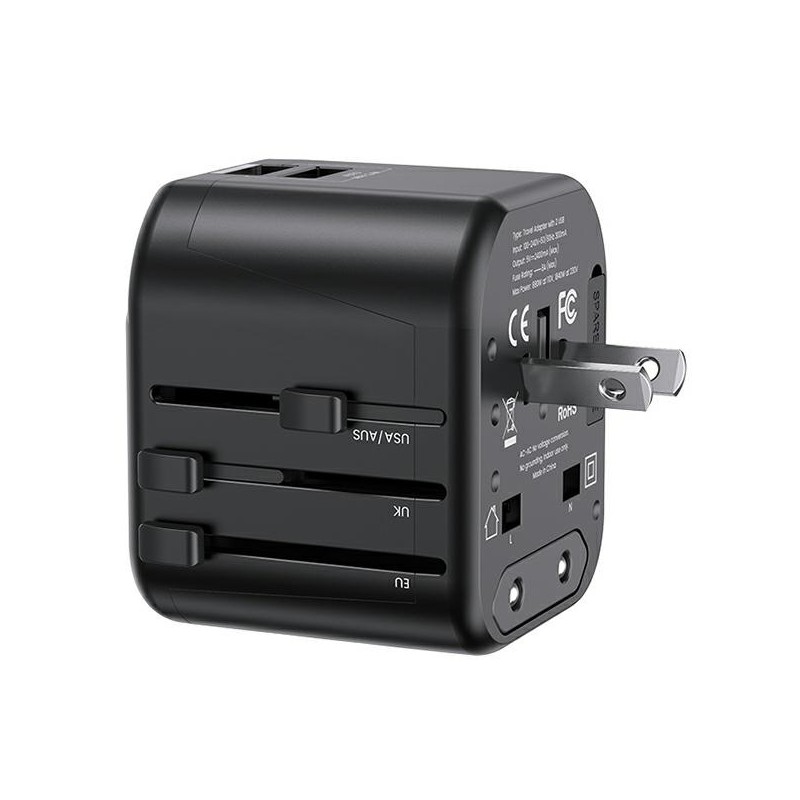 adattatore da viaggio multispina usams 2 porte usb-a12 watt nero