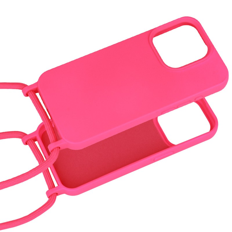 cover  silicone iphone 15 pro max rosa con laccio da collo