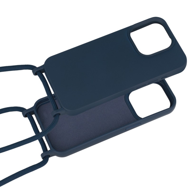 cover  silicone iphone 15 pro max blu con laccio da collo