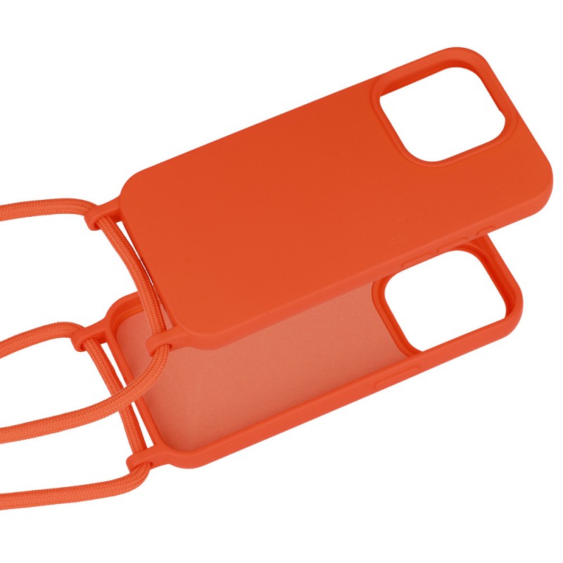 cover  silicone iphone 15 pro max arancio con laccio da collo