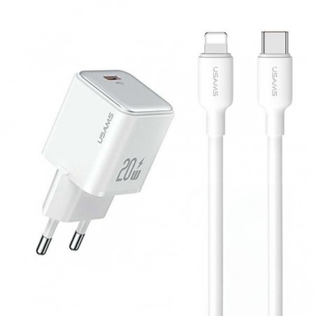 caricabatterie usams 30W usb-c fast charger completo di cavo lighting bianco