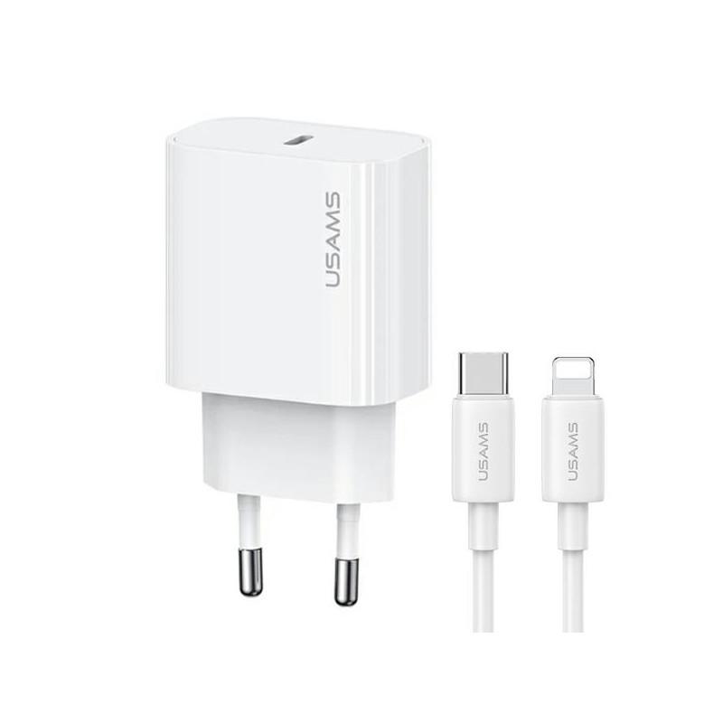 caricabatterie usams 20W usb-c completo di cavo lighting bianco