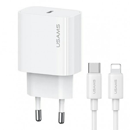 caricabatterie usams 20W usb-c completo di cavo lighting bianco