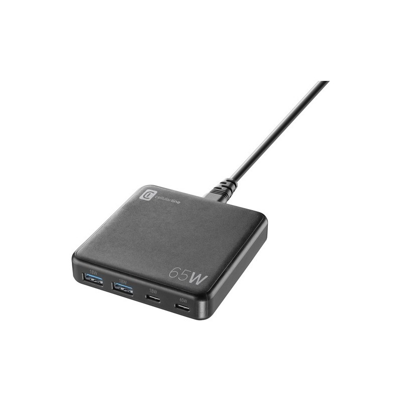 caricabatteria rete con  2 usb + 2 usb-c 65 watt tecnologia gan nero