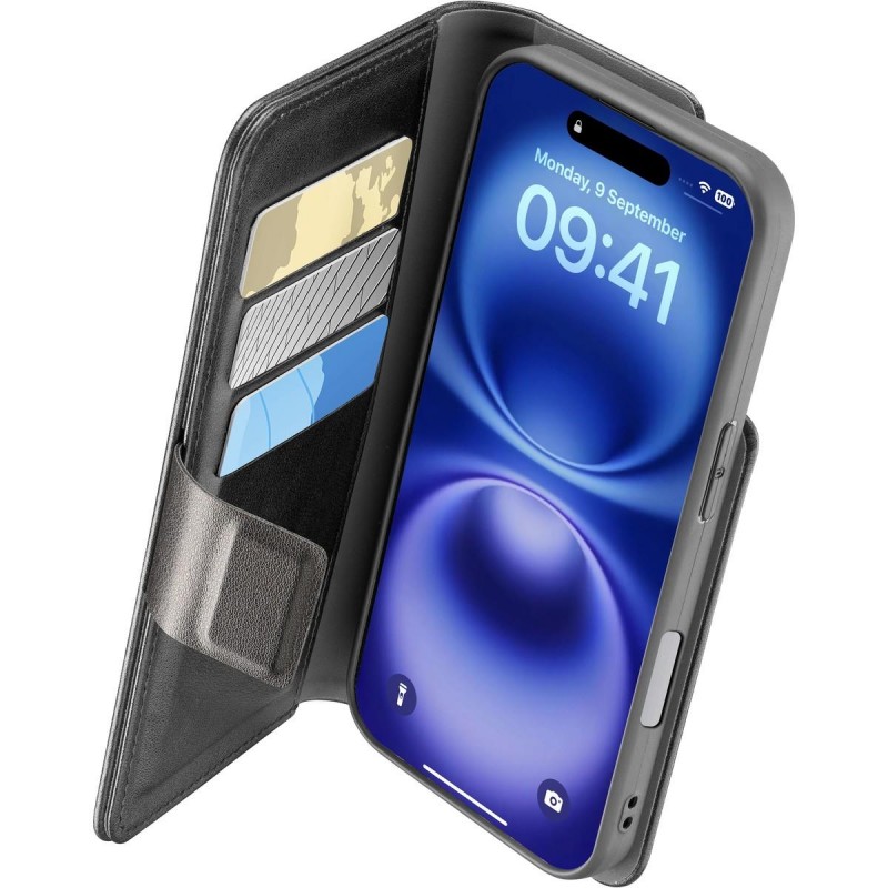 custodia a libro iphone 16 plus nera con porta carte di credito