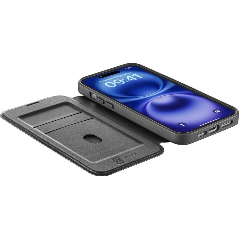 custodia a libro iphone 16 nera con porta carte di credito magsafe