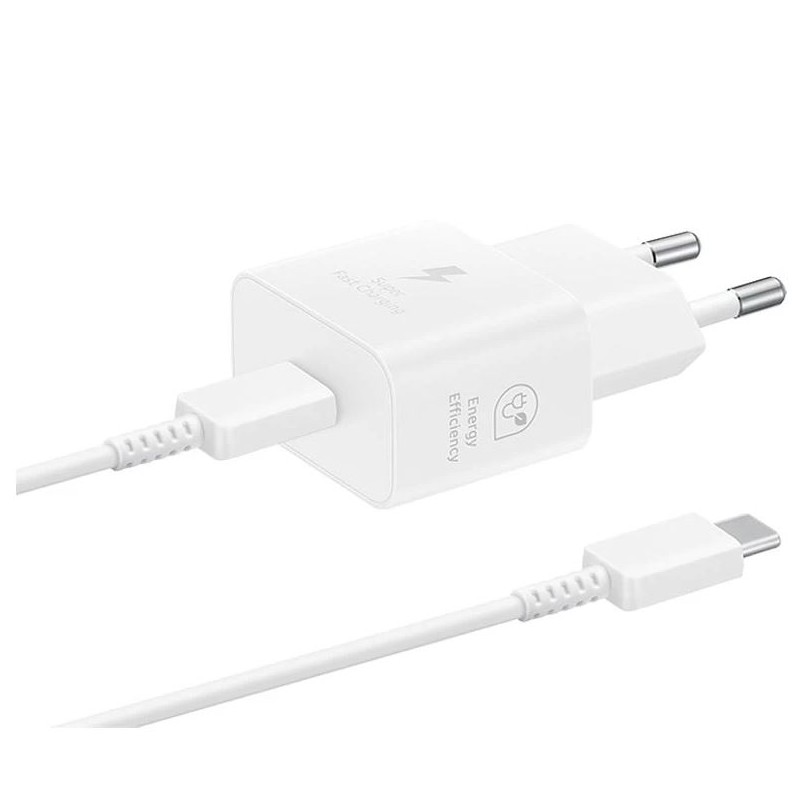 caricabatterie 25w samsung usb-c completo di cavo usb-c bianco in blister