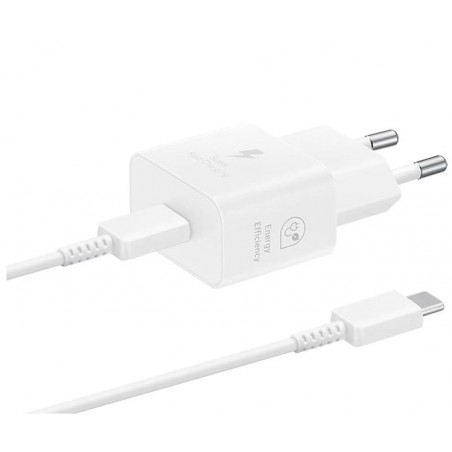 caricabatterie 25w samsung usb-c completo di cavo usb-c bianco in blister