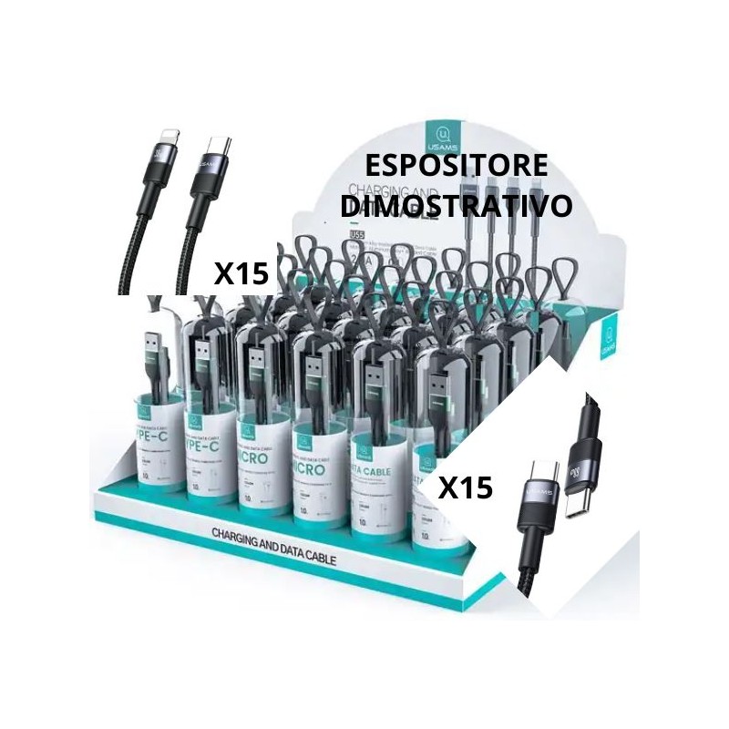 espositore usams completo di 30 cavi antistrappo 15 usb-c / usb-c + 15 cavi usb-c / lighting da 100cm nero in box cilindrico