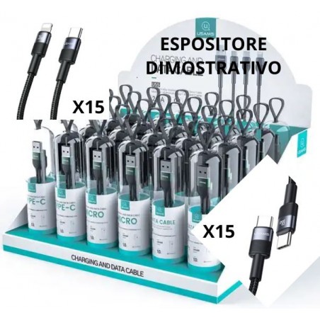 espositore usams completo di 30 cavi antistrappo 15 usb-c / usb-c + 15 cavi usb-c / lighting da 100cm nero in box cilindrico