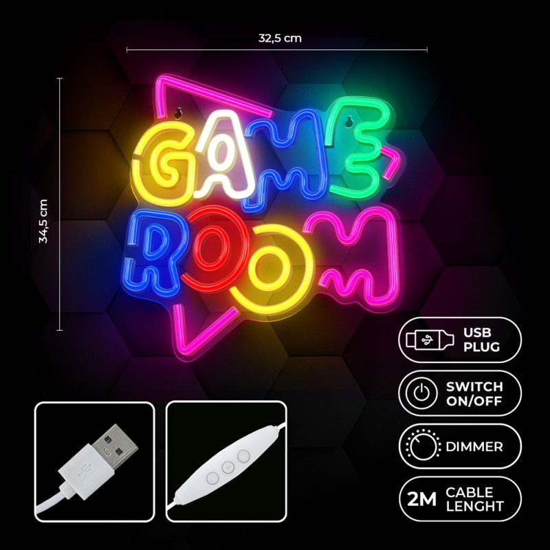led wall neon game room multicolor connettore usb con regolatore di intensita' dimensioni 400x16x275