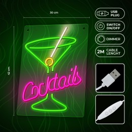 led wall neon coctails multicolor connettore usb con regolatore di intensita' dimensioni 222 x 18 x 420