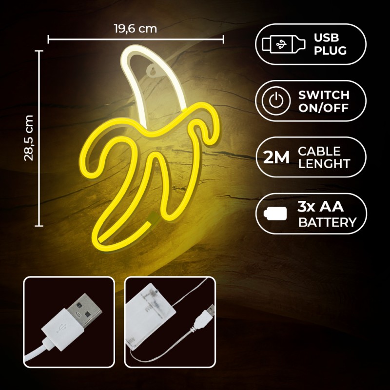 led wall neon banana colore giallo e bianco caldo connettore usb dimensioni 196 x 20 x 285