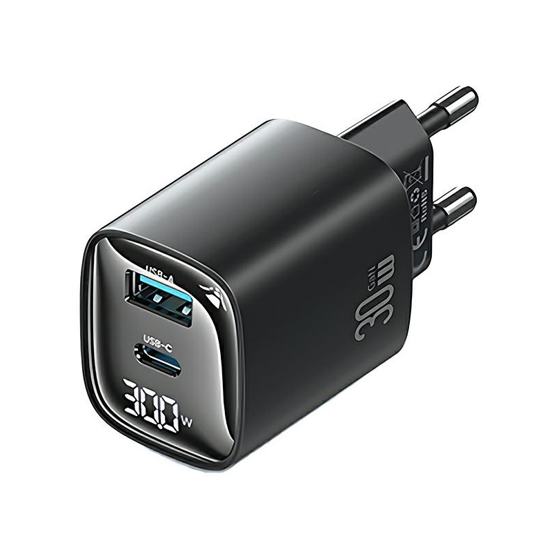 caricabatterie 30Ww usb + usb-c gan nero con led display
