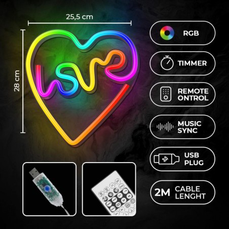 led wall neon love in eart multicolor connettore usb con regolatore di intensita\' dimensioni 280 x 25,5