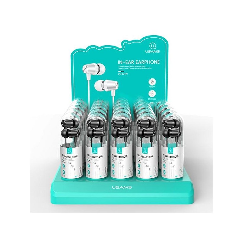 espositore da 30 pz di auricolare usams in ear jack 3,5mm assortiti 15 bianchi e 15 neri