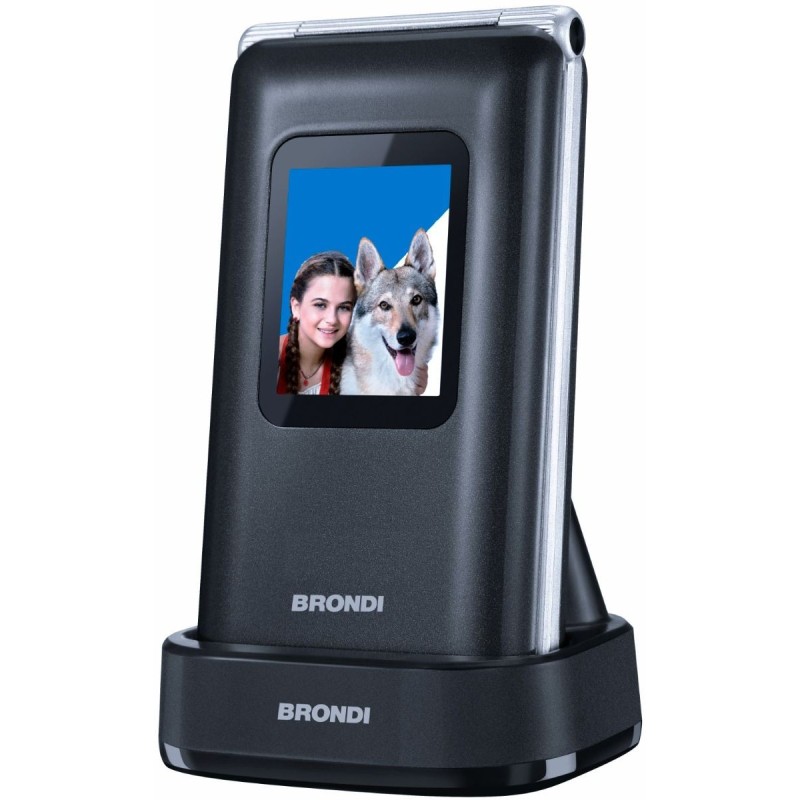 telefono gsm brondi amico prezioso nero clamshell dual sim  quadri band color display 2.8 flip attivo ebase di ricarica