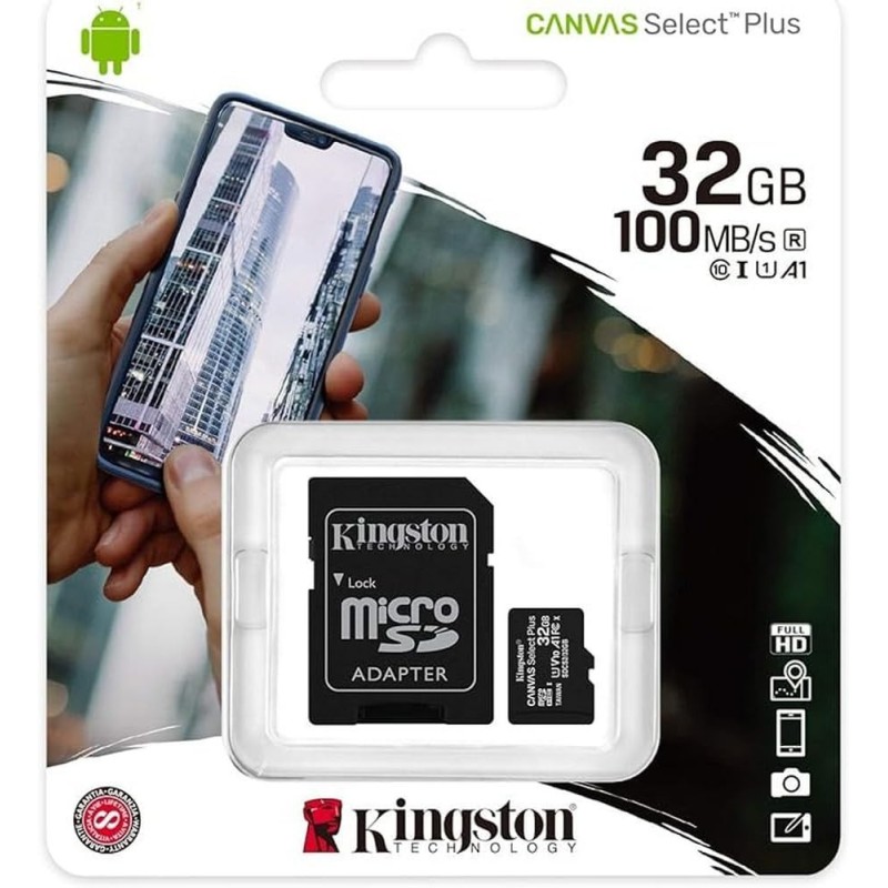 memory card kingstone canvas select micro sd 32 gb classe 10 con adattatore sd