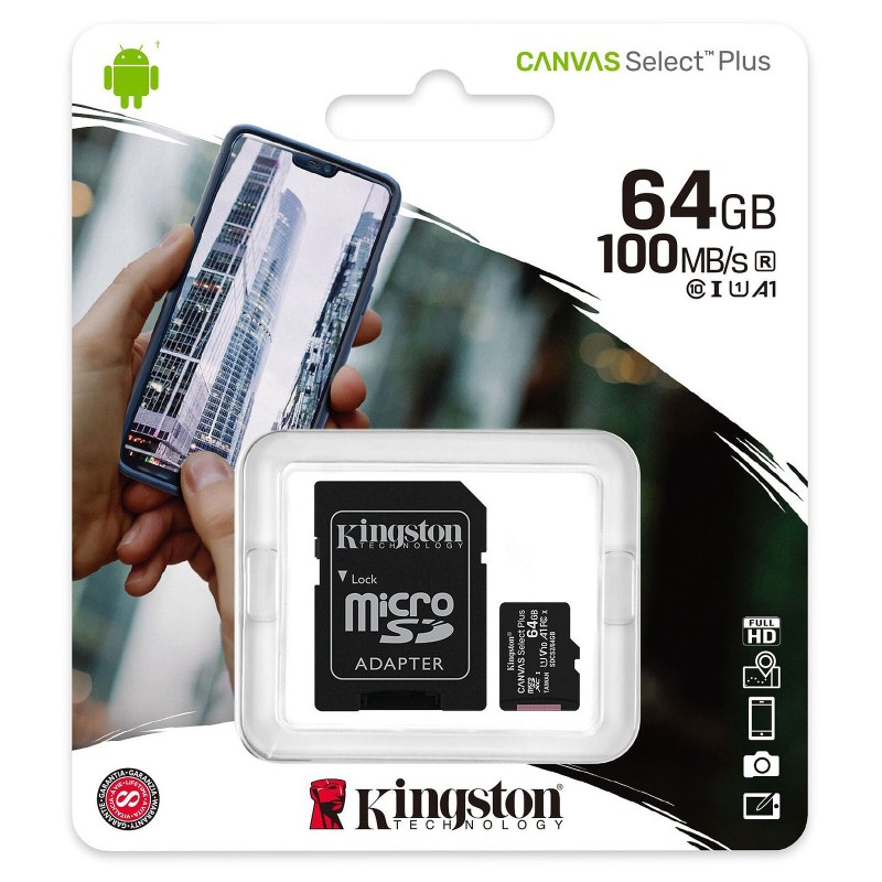 memory card kingstone canvas select micro sd 64 gb  classe 10 con adattatore sd