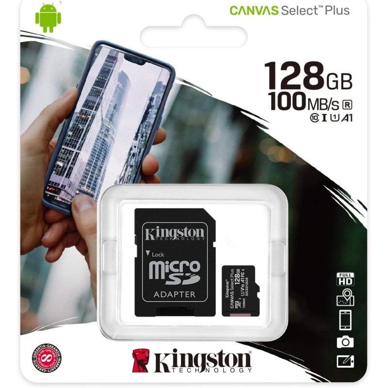 memory card kingstone canvas select micro sd 128 gb classe 10 con adattatore sd