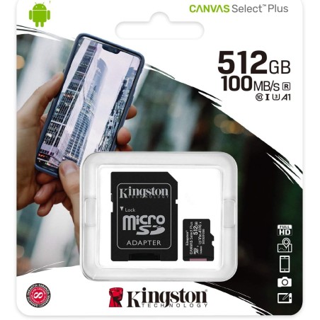 memory card kingstone canvas select micro sd 512 gb classe 10 con adattatore sd