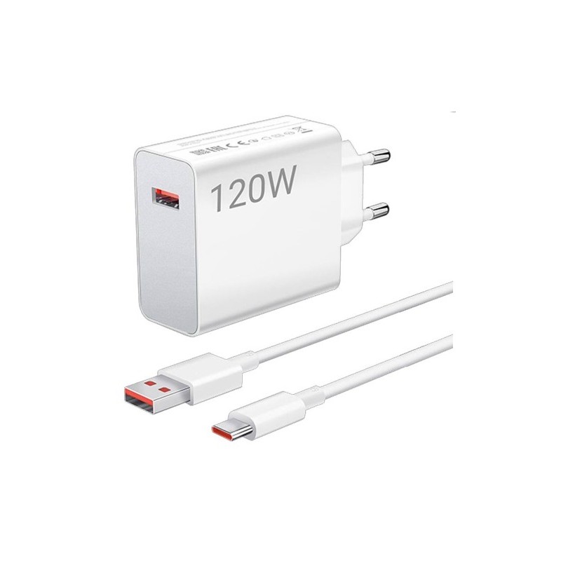 caricabatterie xiaomi 120w usb-a completo di cavo usb-ci bianco