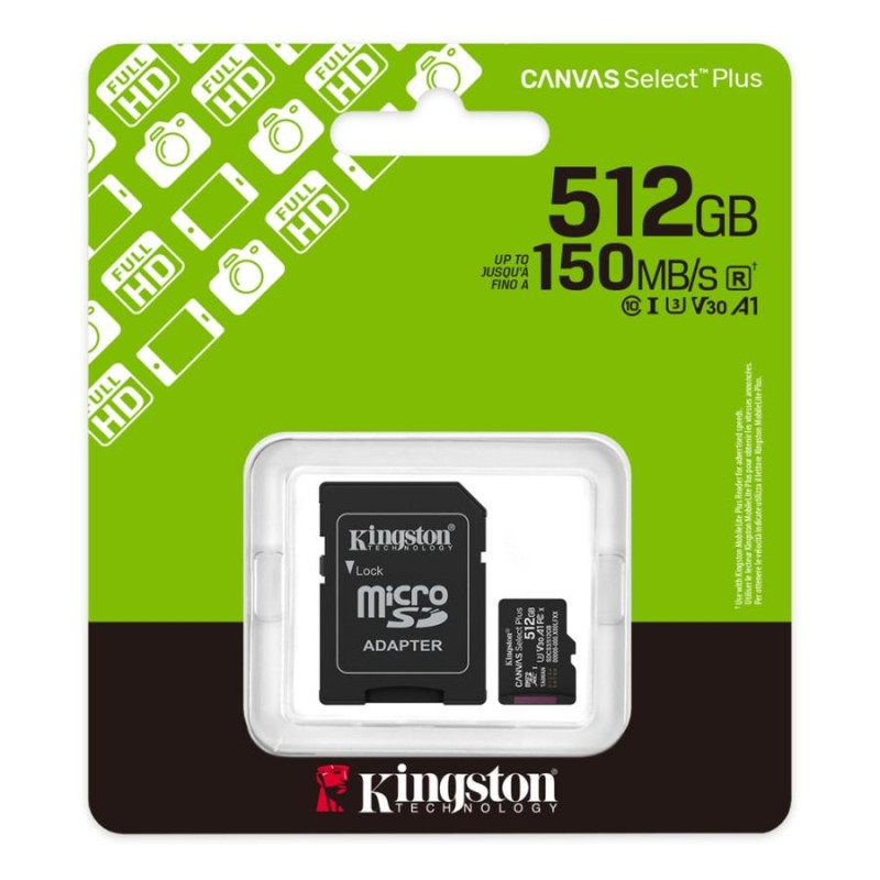 memory card kingstone canvas select micro sd 512 gb classe 10 V30 con adattatore sd