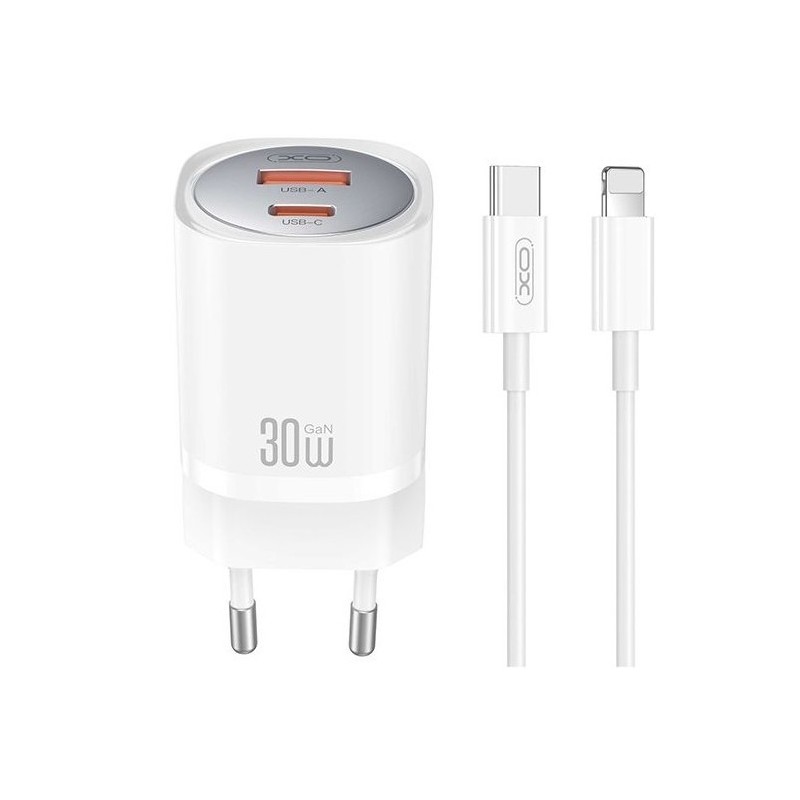 caricabatterie 30w usb+ usb-c + cavo lightning  bianco