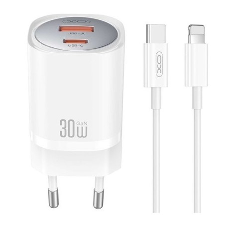 caricabatterie 30w usb+ usb-c + cavo lightning  bianco