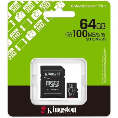 memory card kingstone canvas select plus micro sd 64 gb  classe 10 con adattatore sd