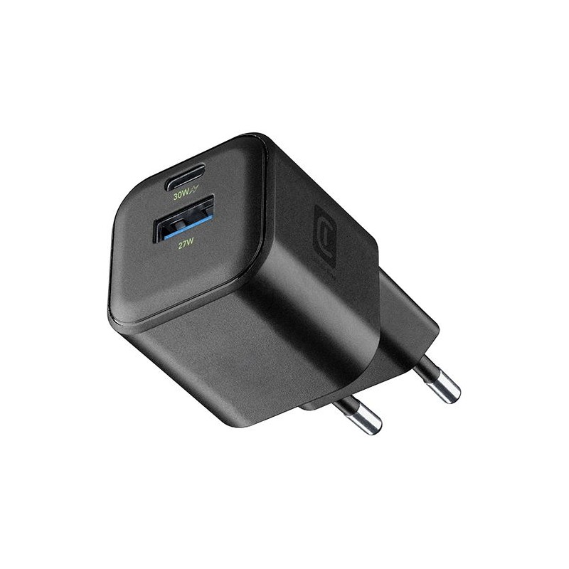 caricabatteria 30w  usbA +  usb-c tecnologia gan nero