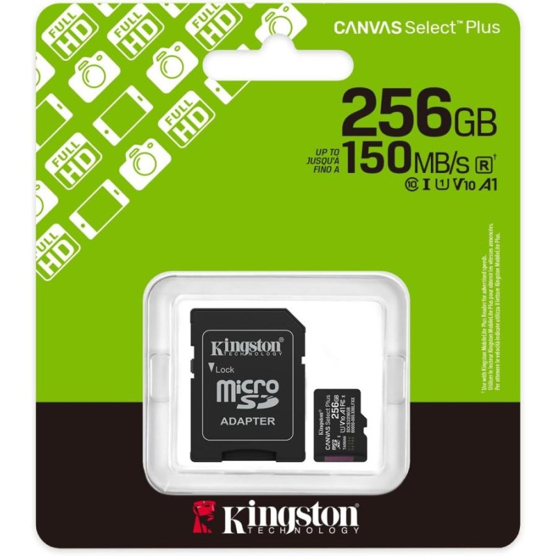 memory card kingstone canvas select micro sd 256 gb classe 10 con adattatore sd